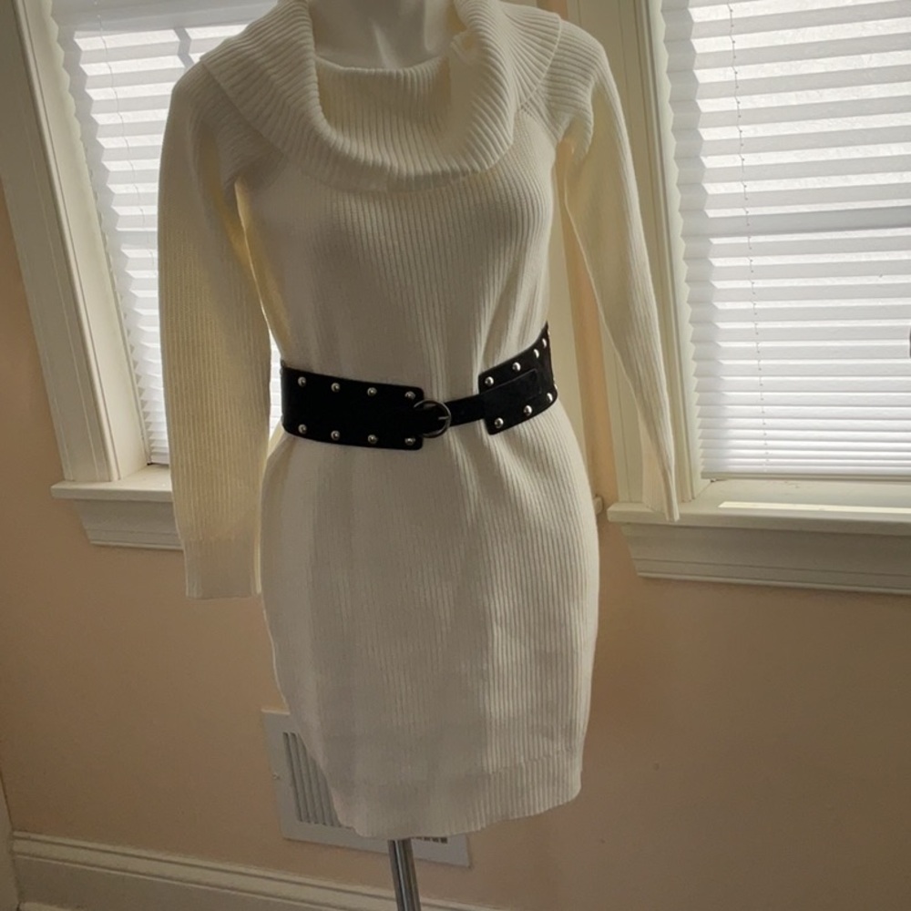Bar III Elegant Cream Sweater Belted  Dress